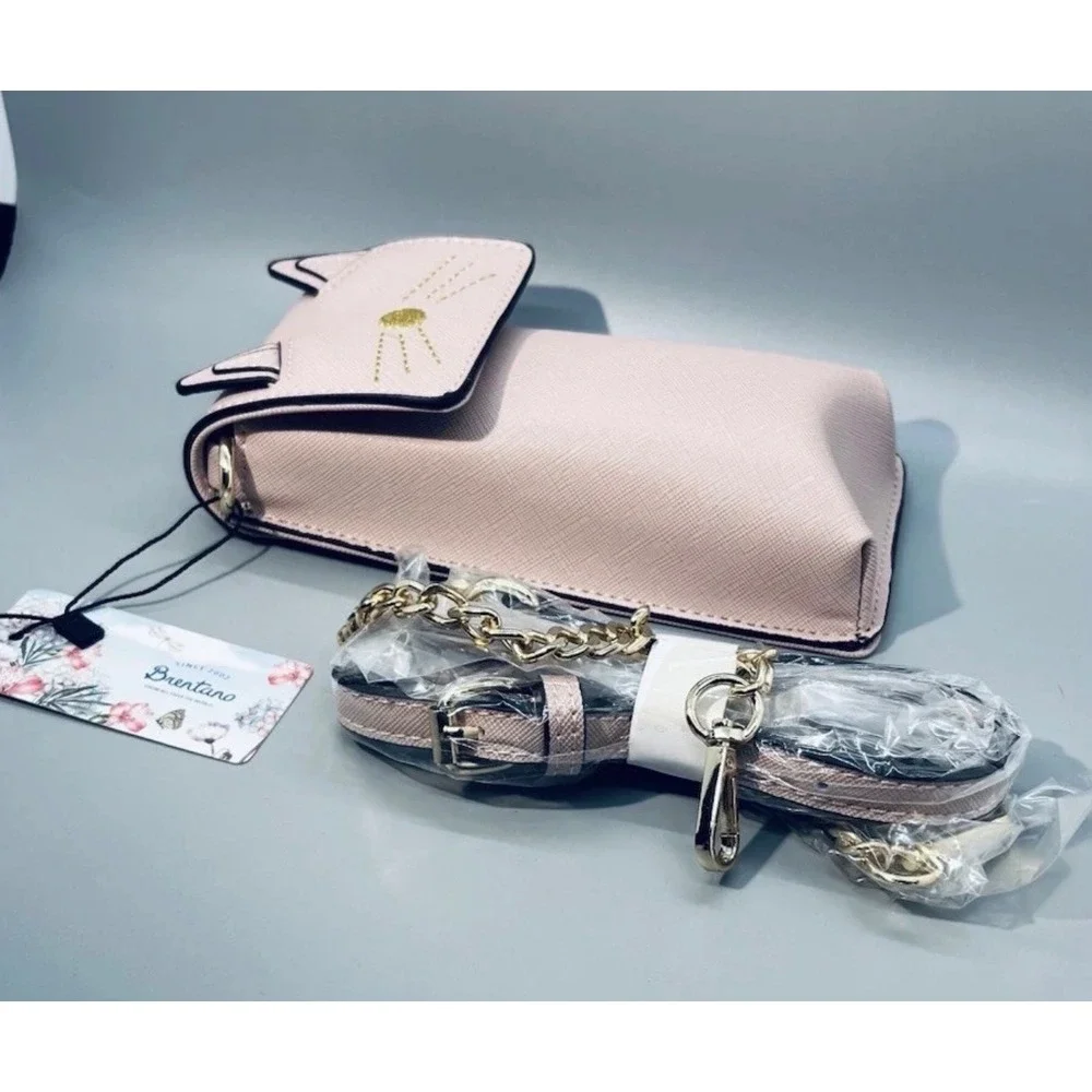 Brentano Blush Cat Face Crossbody Phone Bag Gold Chain Saffiano Faux‎ Leather